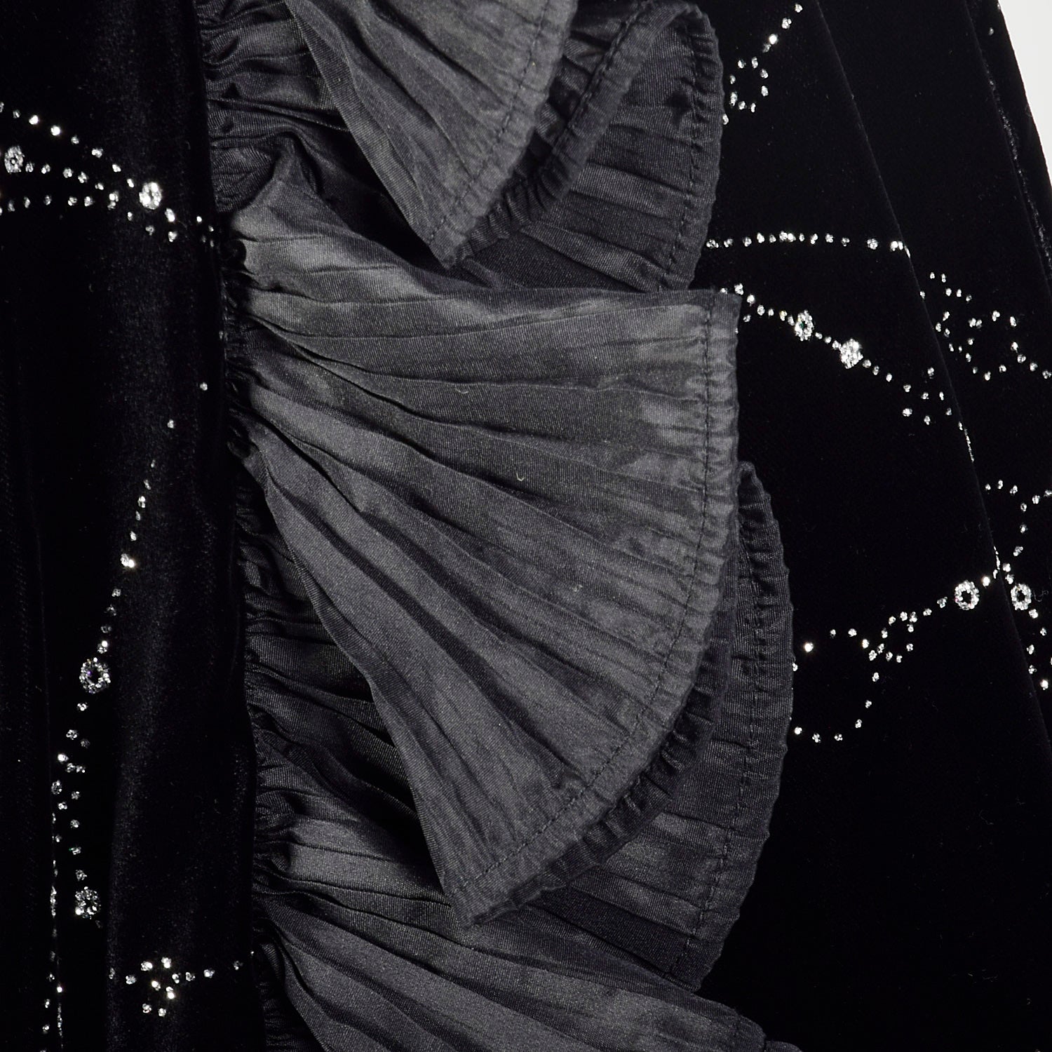 Large 1980s Escada Dress Black Velvet Glitter Ruffle Asymmetrical Hem Cocktail Party Evening Gown