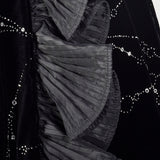 Large 1980s Escada Dress Black Velvet Glitter Ruffle Asymmetrical Hem Cocktail Party Evening Gown