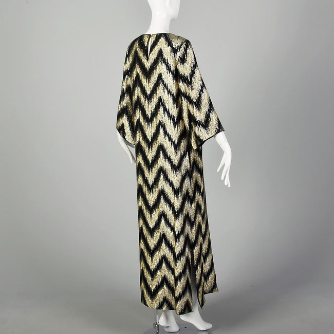 Small 1970s Metallic Kaftan Wide Sleeve Flowy Gold and Black Maxi Dress
