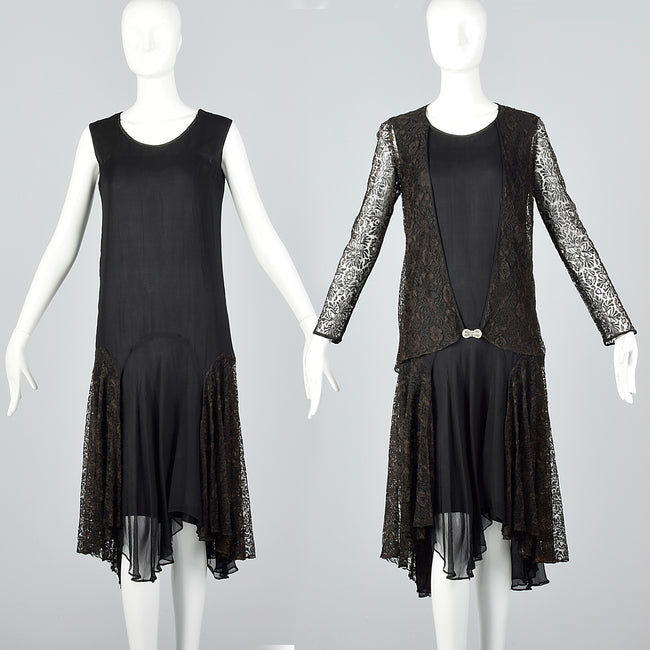 1920s Black Silk Dress with Lace Jacket