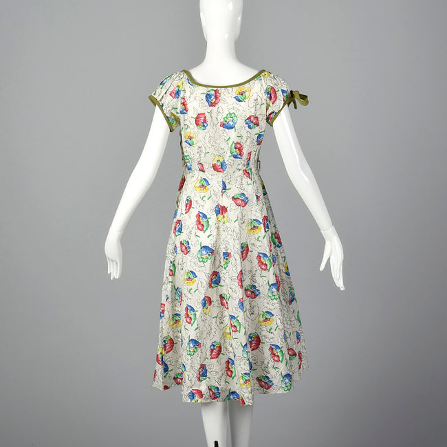 1950s White Summer Dress with Floral Print