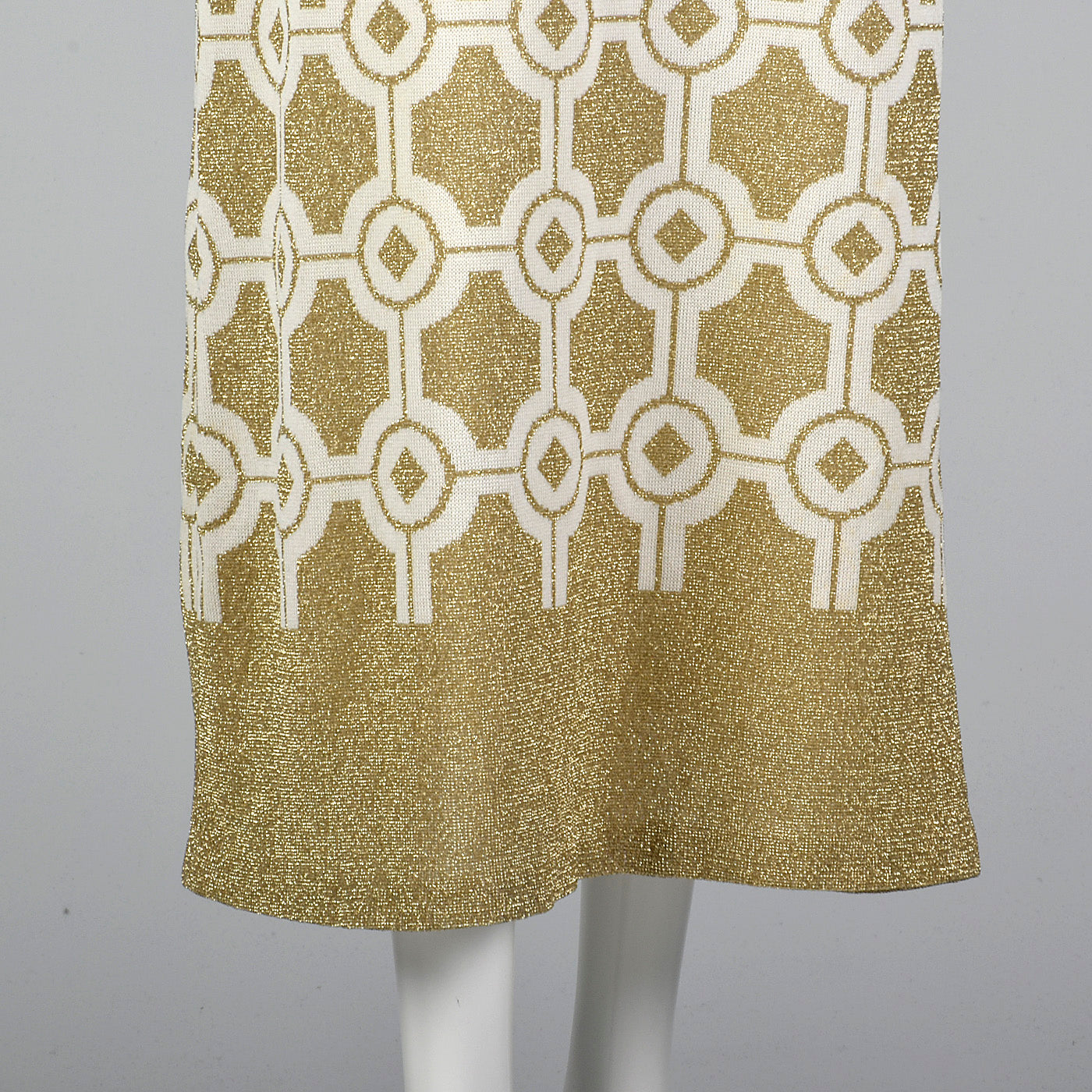 Incredible 1960s Balmain Les Tricots Geometric Gold Knit Maxi Dress