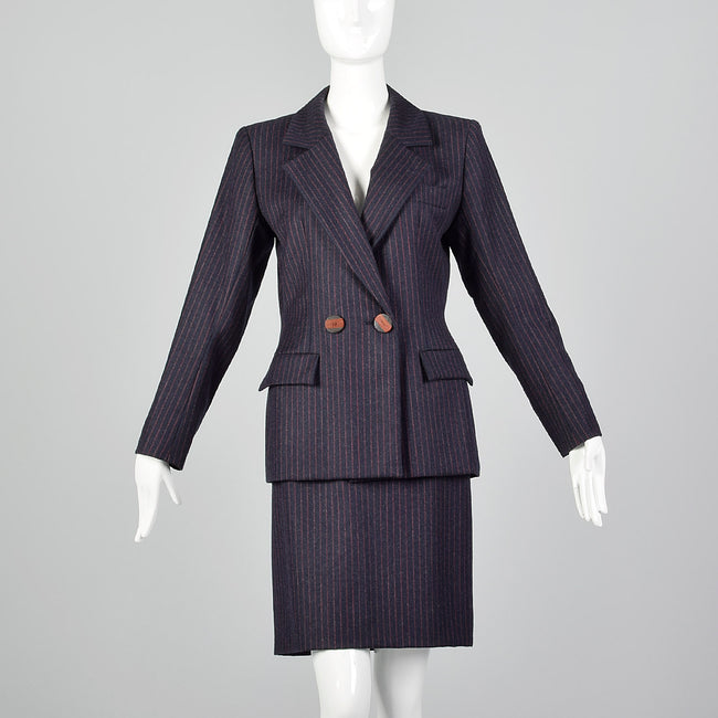 1990s Yves Saint Laurent Navy Blue Wool Striped Skirt Suit