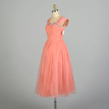 Small 1950s Pink Coral Prom Dress Bead Embellished Ruched Chiffon Bodice