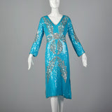 Medium 1970s India Blue Silk Sequin Cocktail Dress