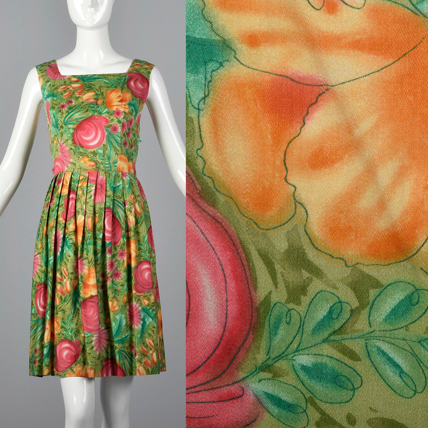 1950s Green Floral Day Dress