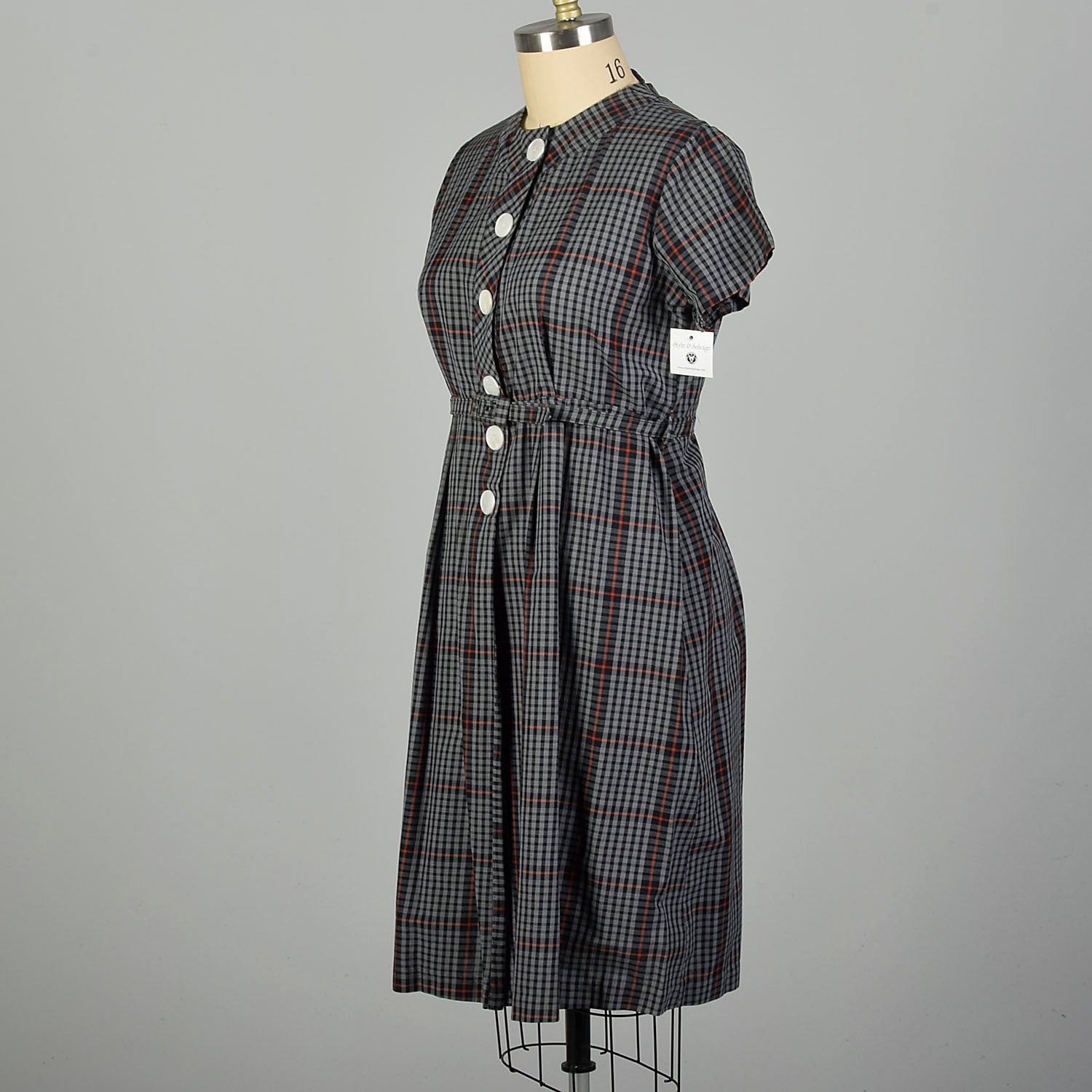 XXL 1950s Gray Cotton Day Dress Plaid Short Sleeves