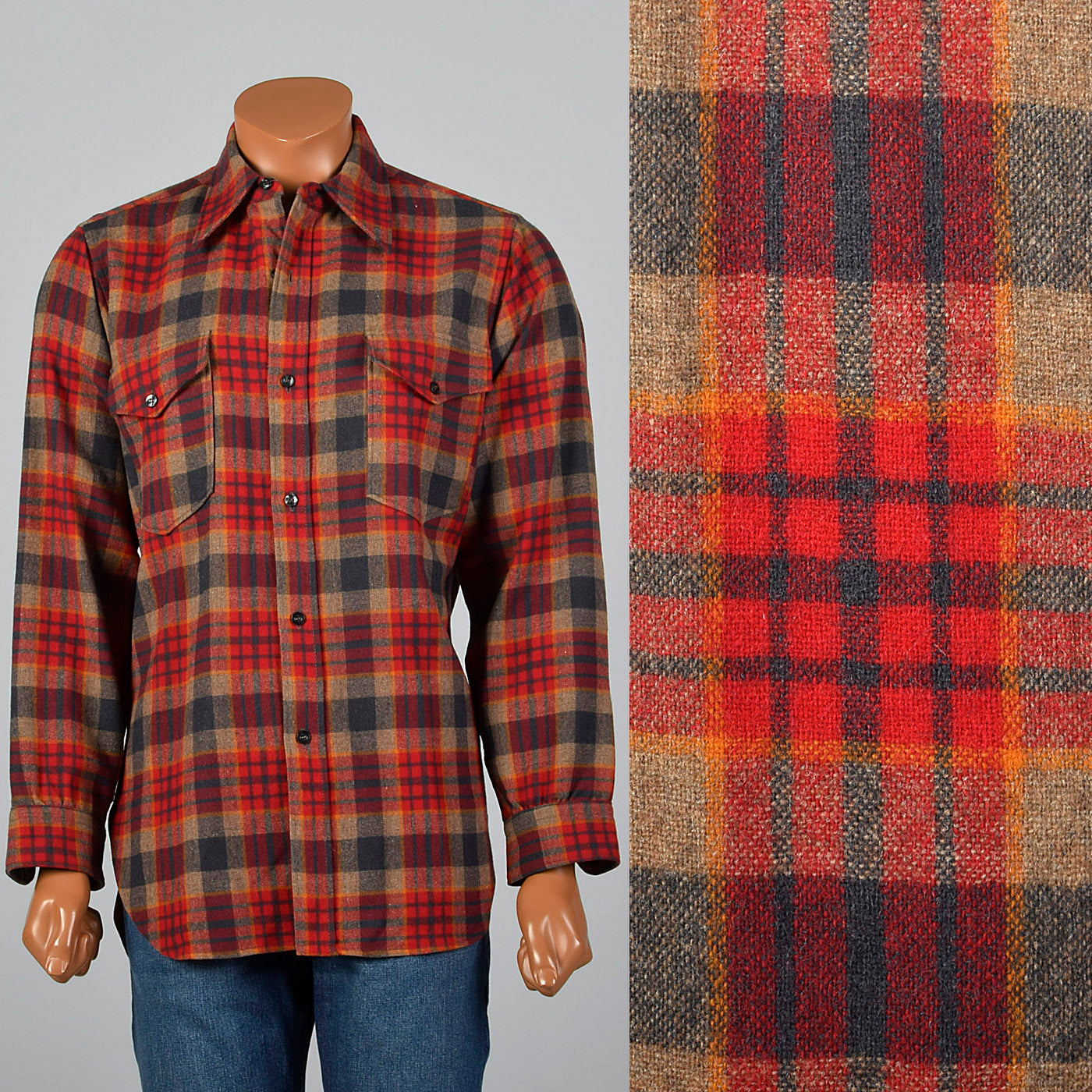 1970s Mens Pendleton Plaid Wool Shirt with Wing Collar