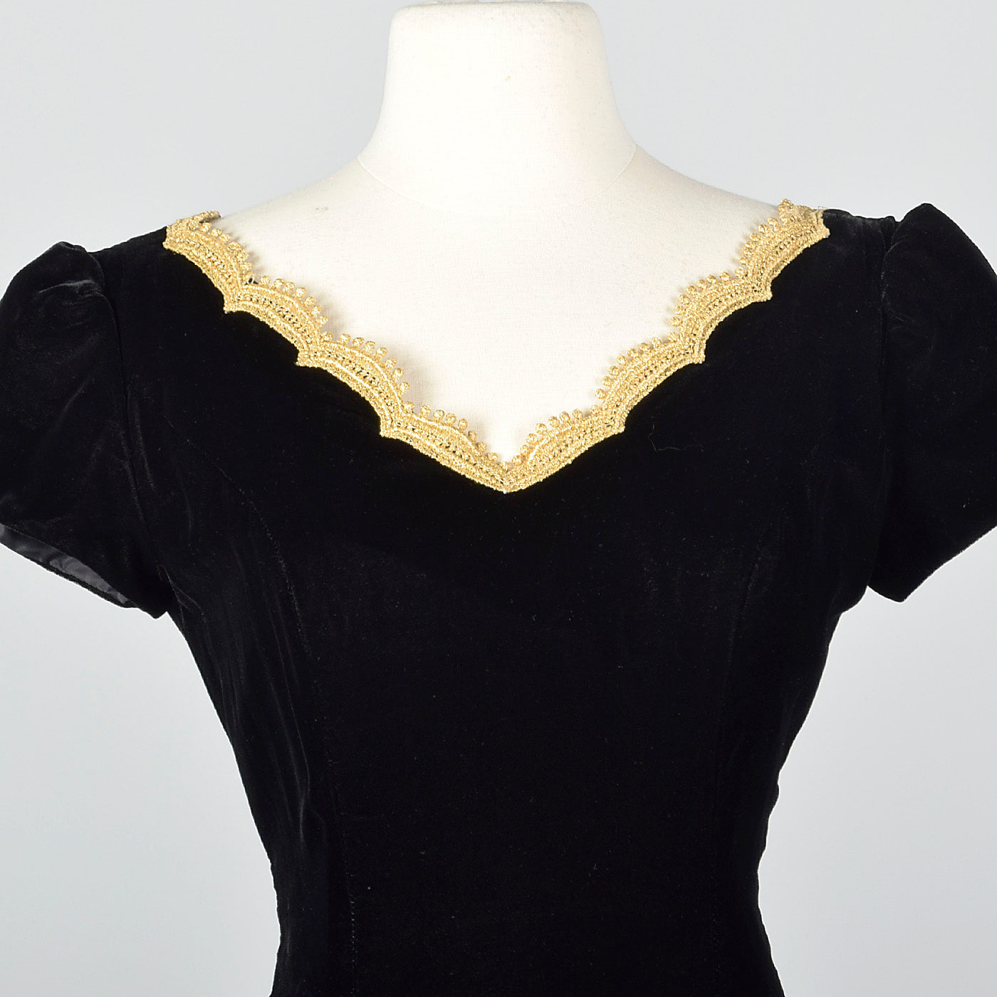 1950s Black Velvet Wiggle Dress with Gold Trim Collar