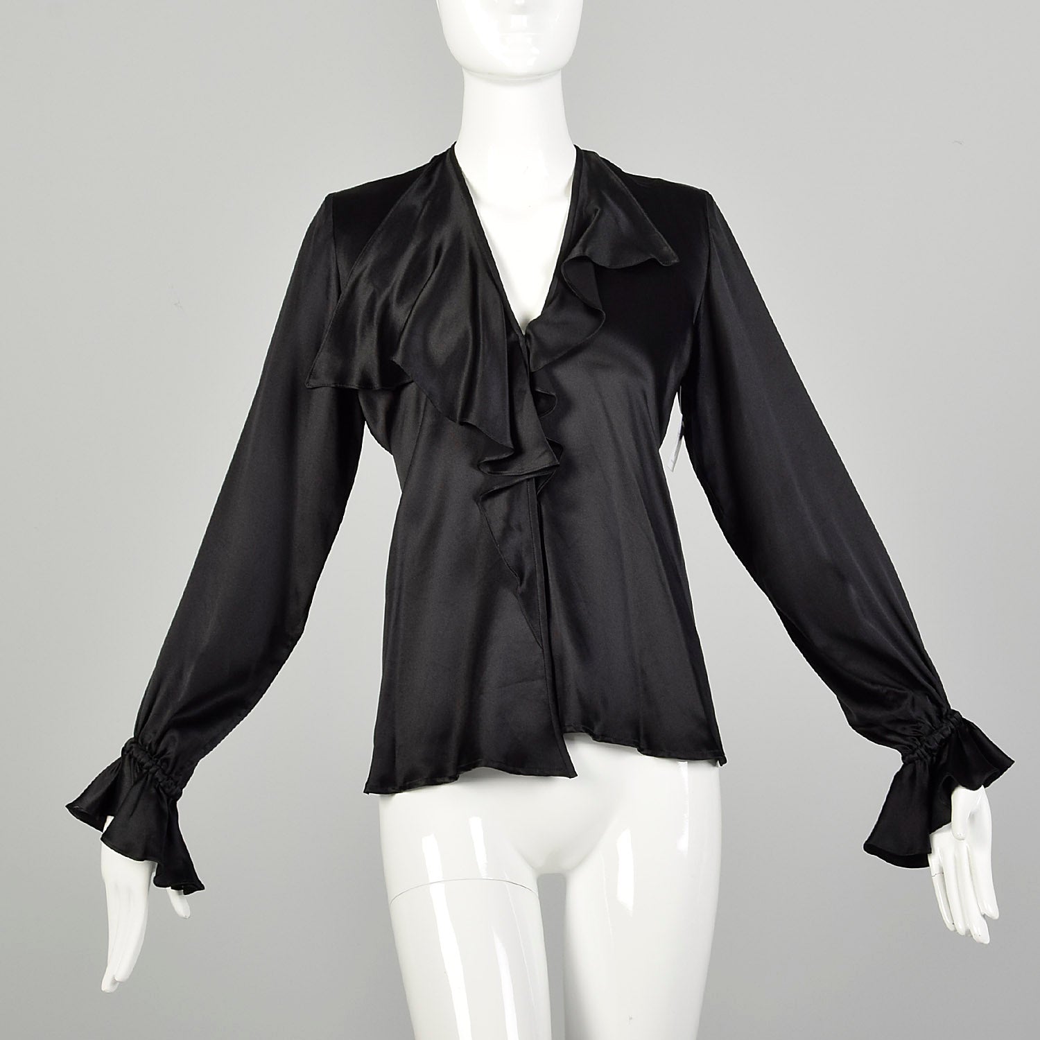 Medium 1990s Black Silk YSL Ruffle Blouse Classic Charmeuse Rive Gauche Top