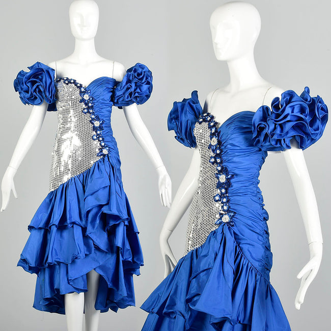 XS 1980s Blue Silver Sequin Calypso Gown Hi Lo Ruffle Hem Asymmetric Taffeta Skirt