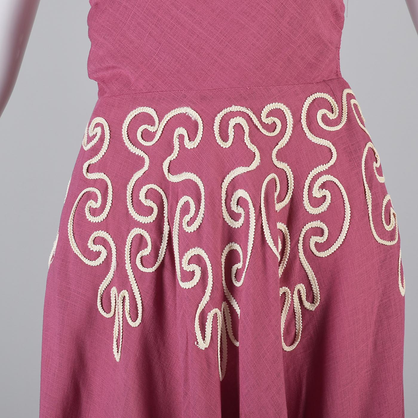 1940s Pink Linen Halter Dress with Soutache Trim
