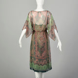 Small 1970s Victor Costa Dress Green Two-Piece Sheer Chiffon Boho