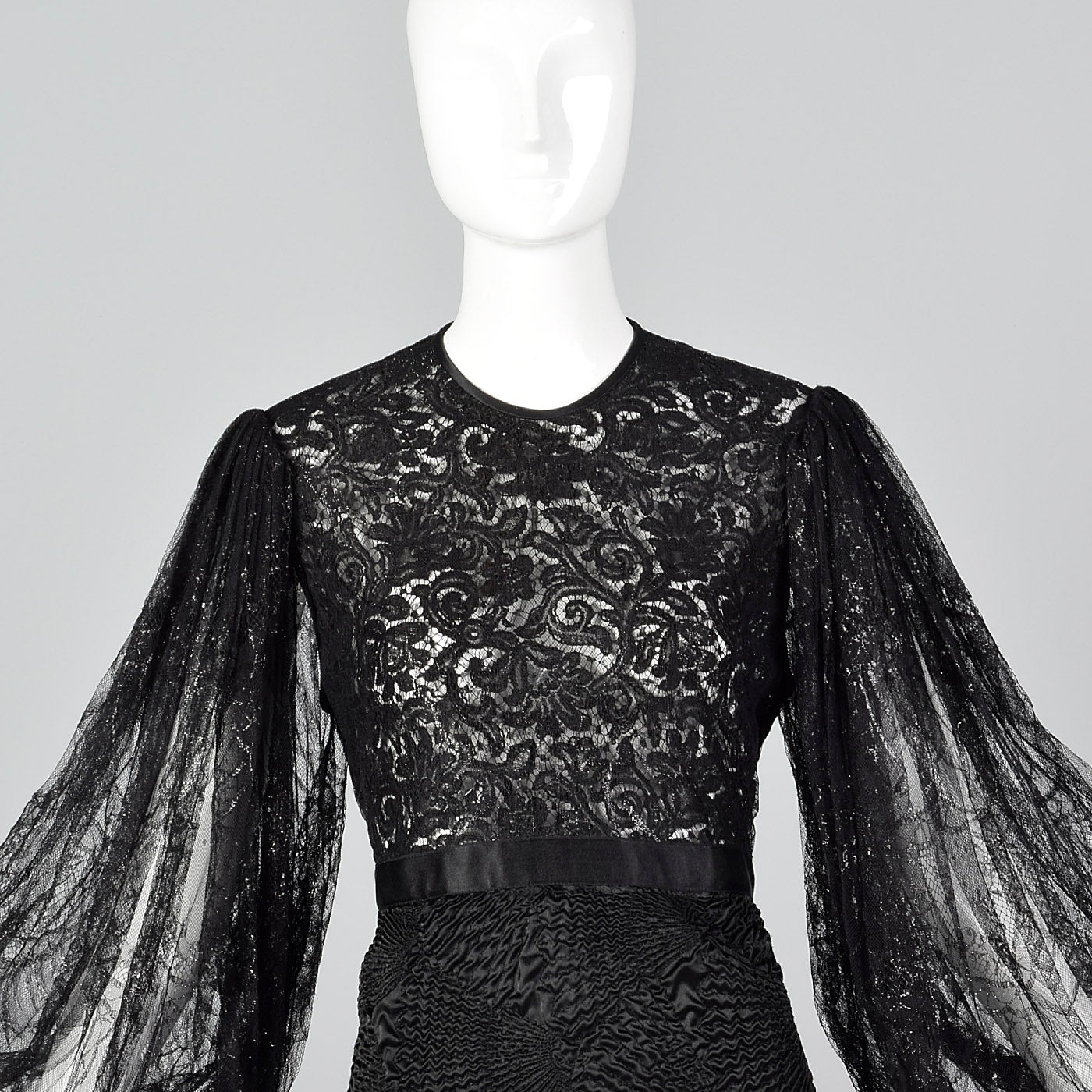 Galanos Sheer Lace Little Black Dress with Dramatic Bishop Sleeves