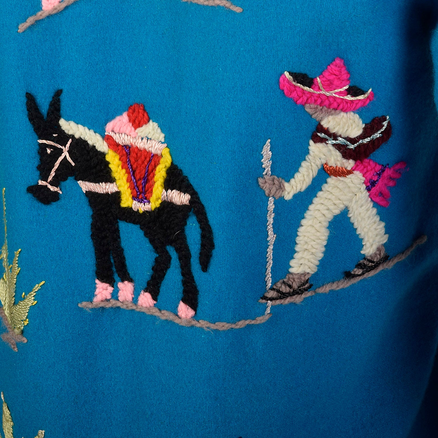 XXS 1950s Souvenir Mexican Tourist Jacket Blue Teal Embroidered Horseshoe Donkey Wool Jacket