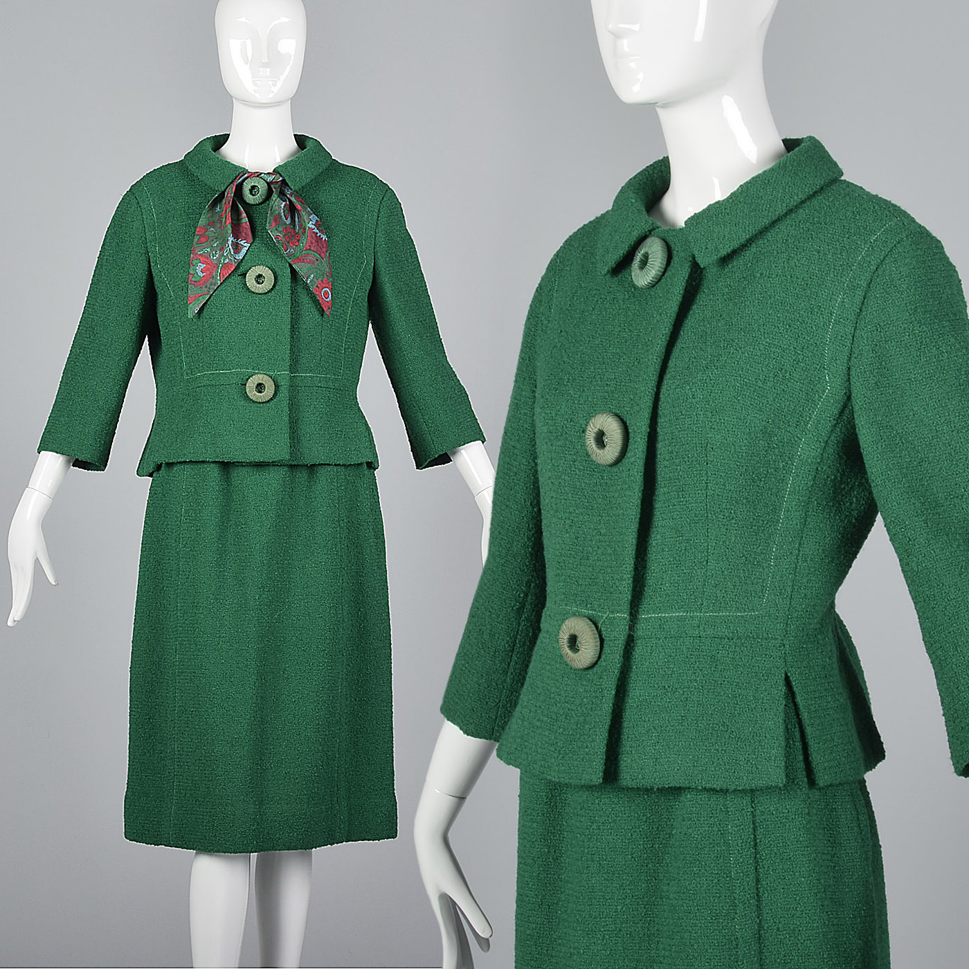 1960s Emerald Green Boucle Wool Skirt Suit