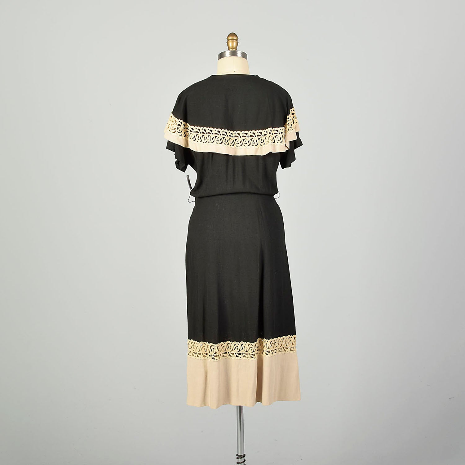 Large 1950s Wrap Dress Asymmetric Cape Collar Black Cream Applique