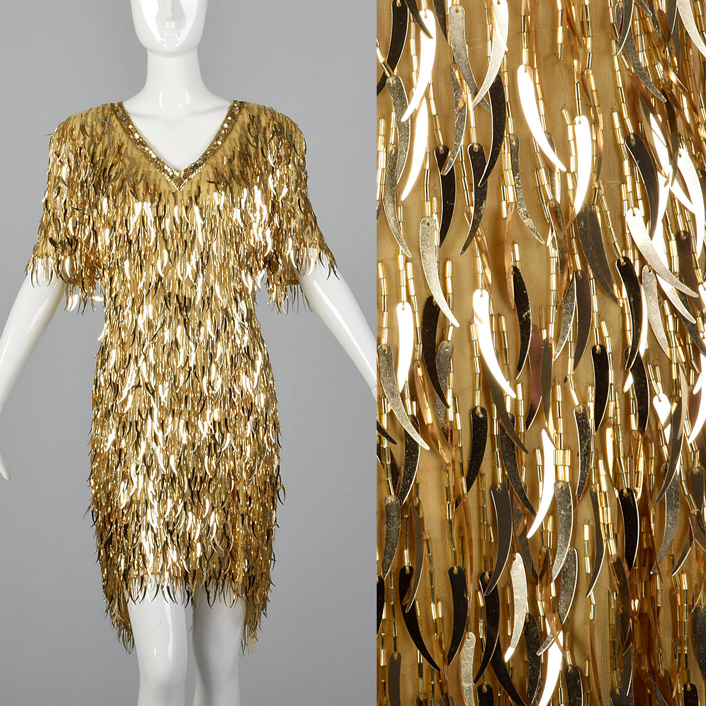 1980s Gold Silk Dress with Dangling Sequin Fringe Style & Salvage 1980s Gold Silk Dress with Dangling Sequin Fringe Style & Salvage