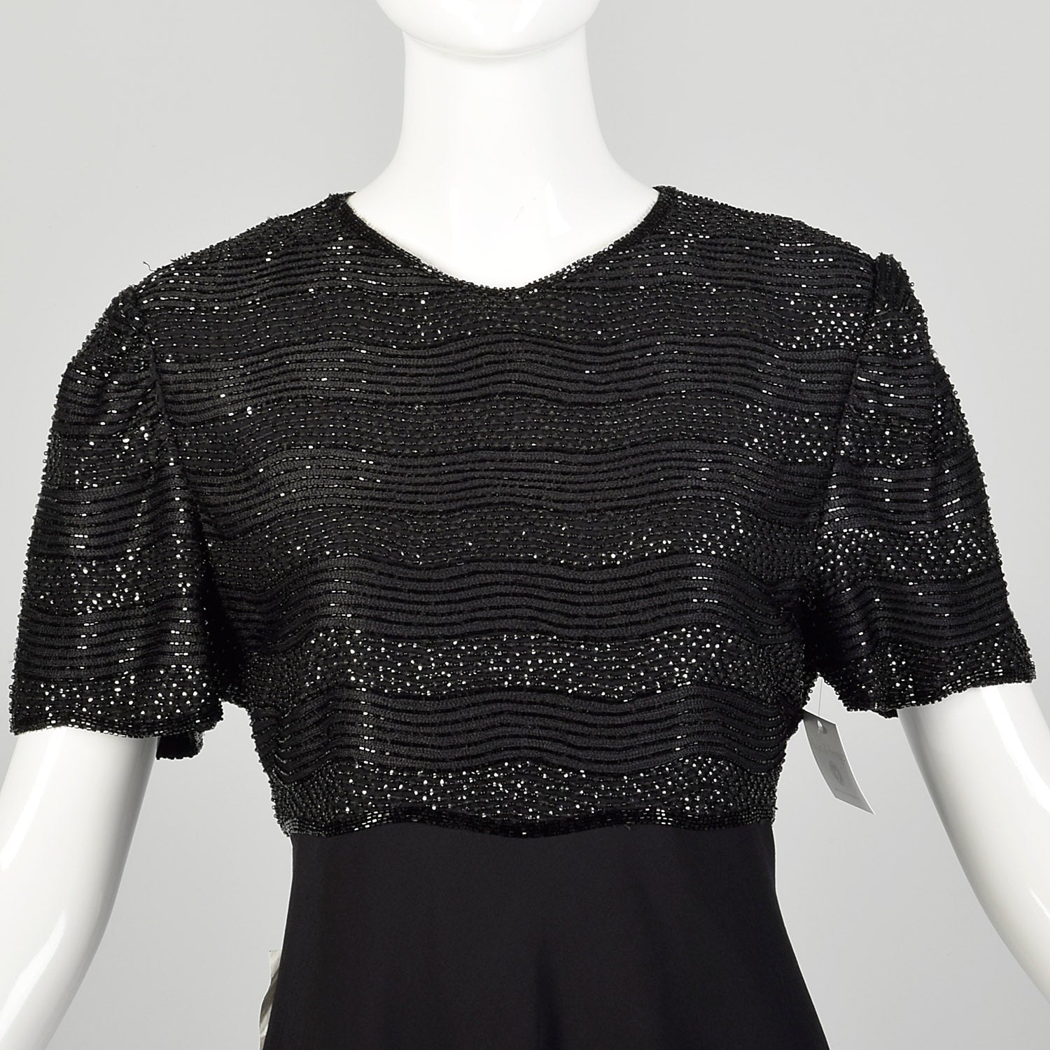 Medium 1990s Little Black Dress Beaded Short Sleeve Evening Cocktail Party LBD