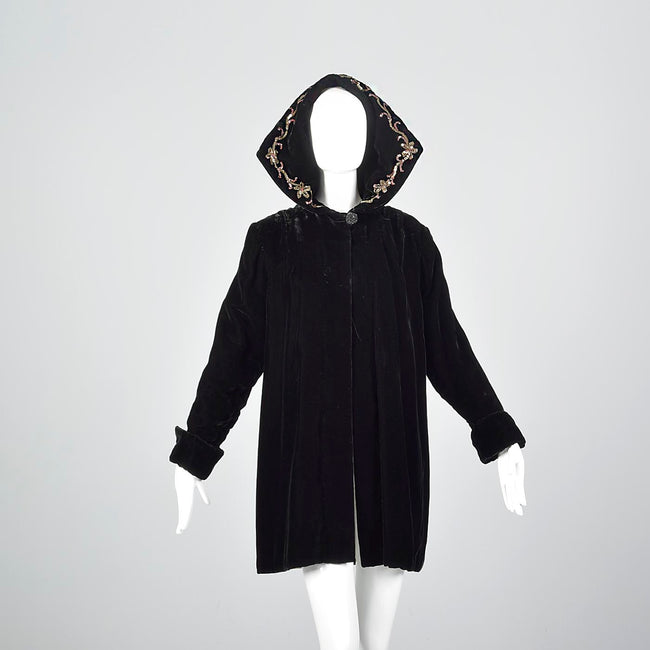 1940s Black Velvet Coat with Sequin Hood