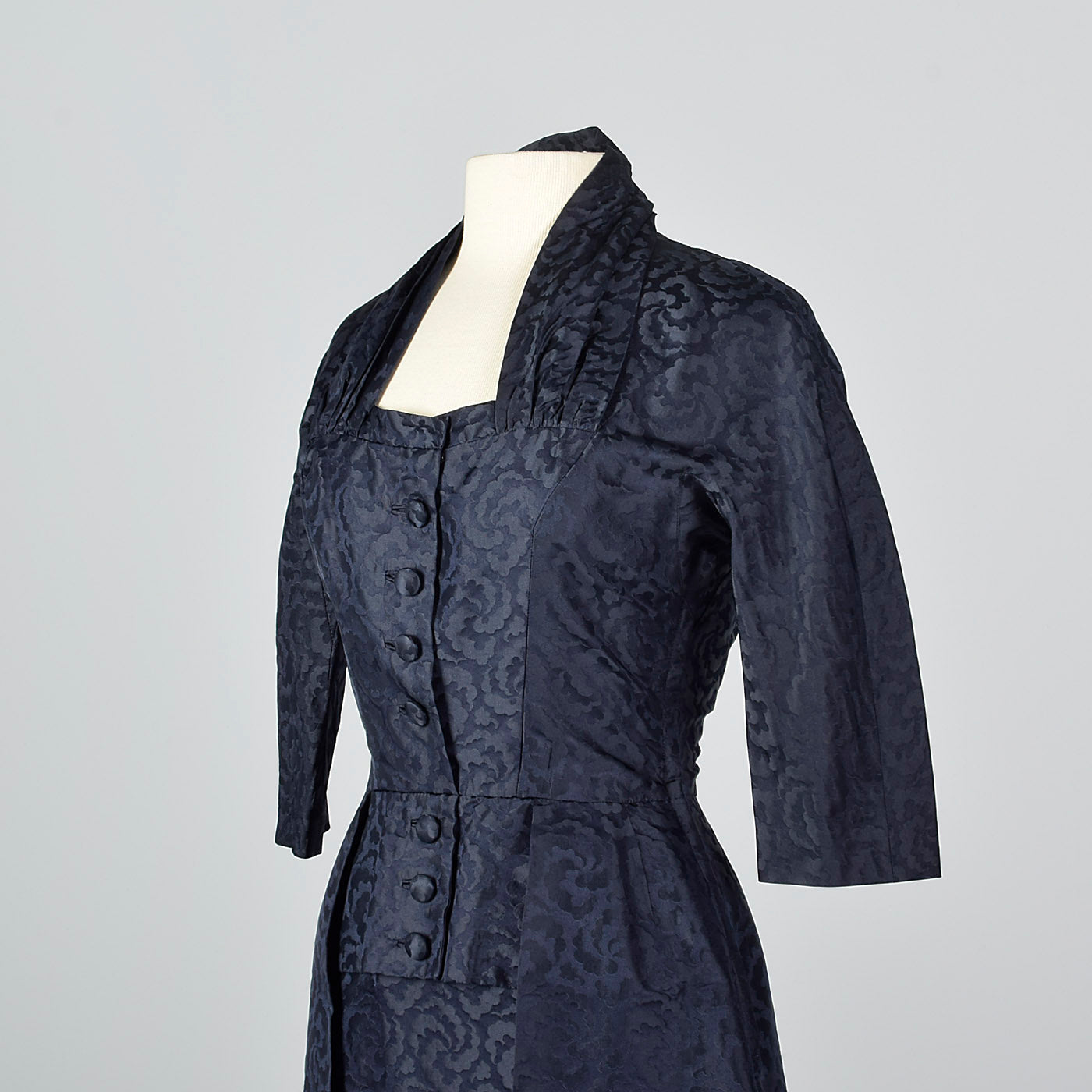 1950s Pierre Balmain Navy Blue Silk Damask Cocktail Dress