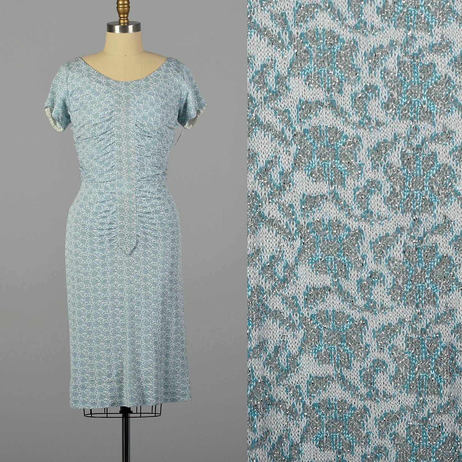 Small 1960s Blue and White Lurex Floral Print Knit Dress