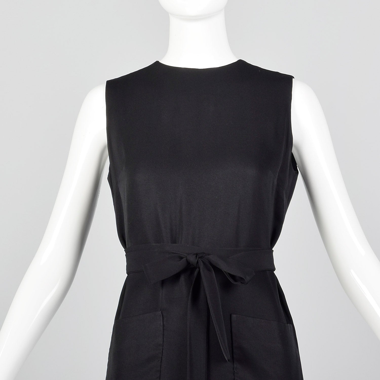 1960s Classic Little Black Dress Belted Sleeveless Shift with Patch Pockets