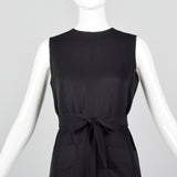 1960s Classic Little Black Dress Belted Sleeveless Shift with Patch Pockets