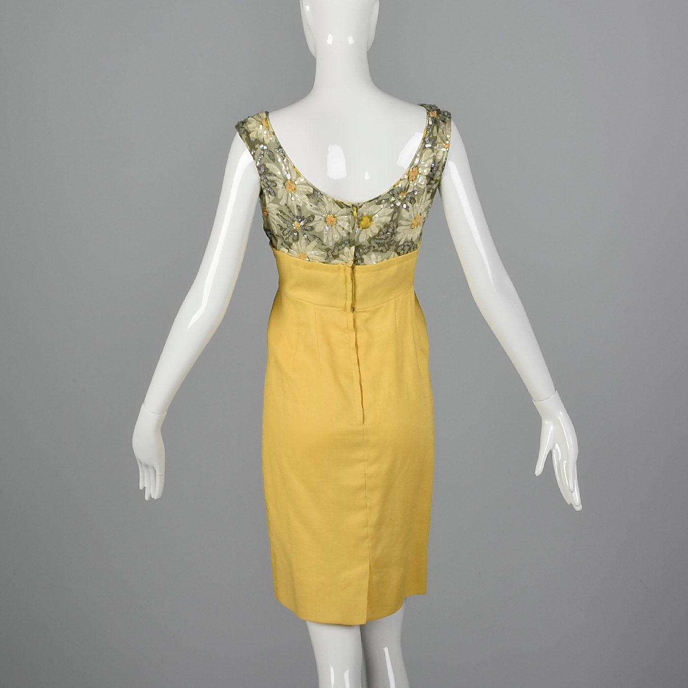 1960s Yellow Linen Dress with Sequin Floral Top