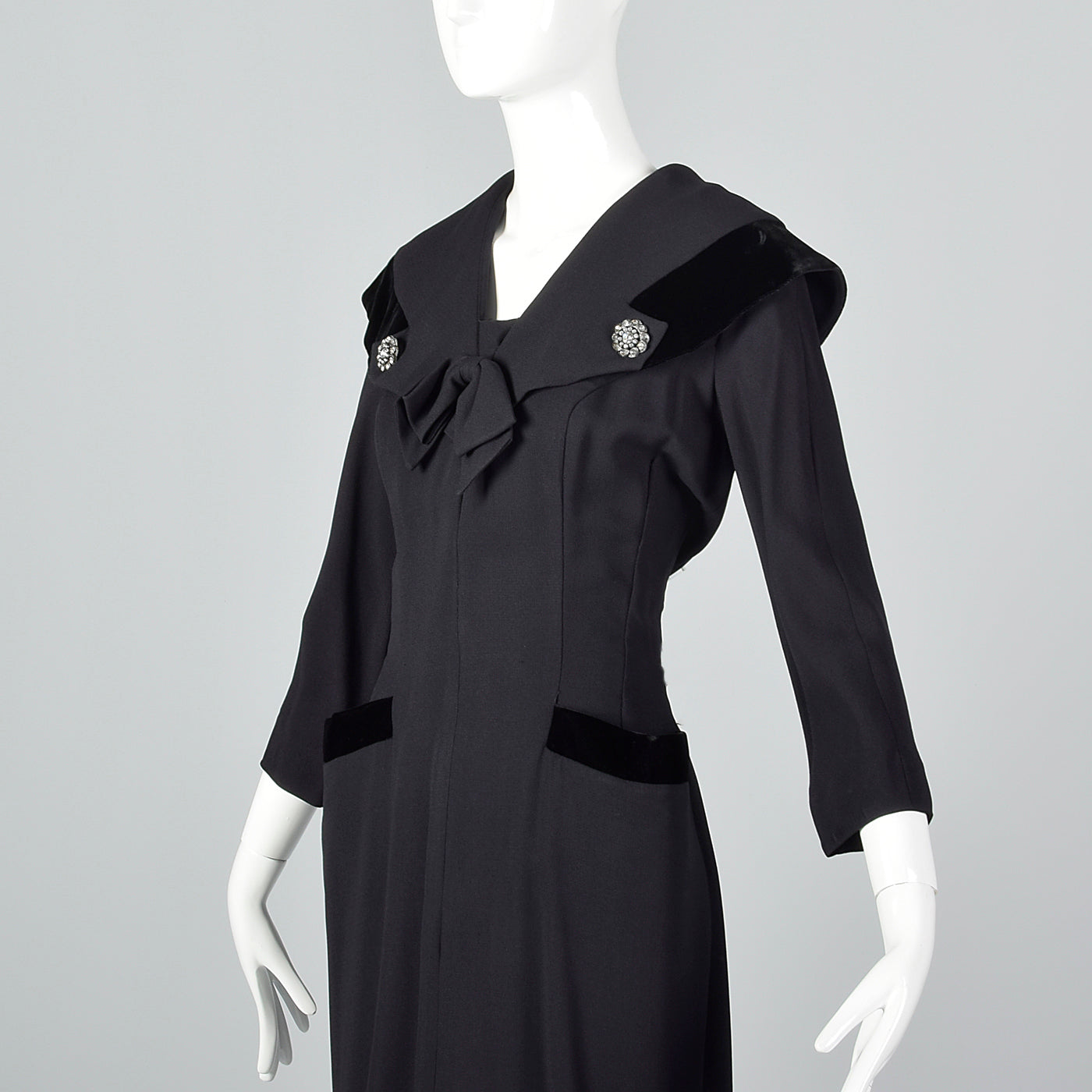 1950s Black Rayon Dress with Velvet Trim and Shawl Collar