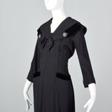 1950s Black Rayon Dress with Velvet Trim and Shawl Collar