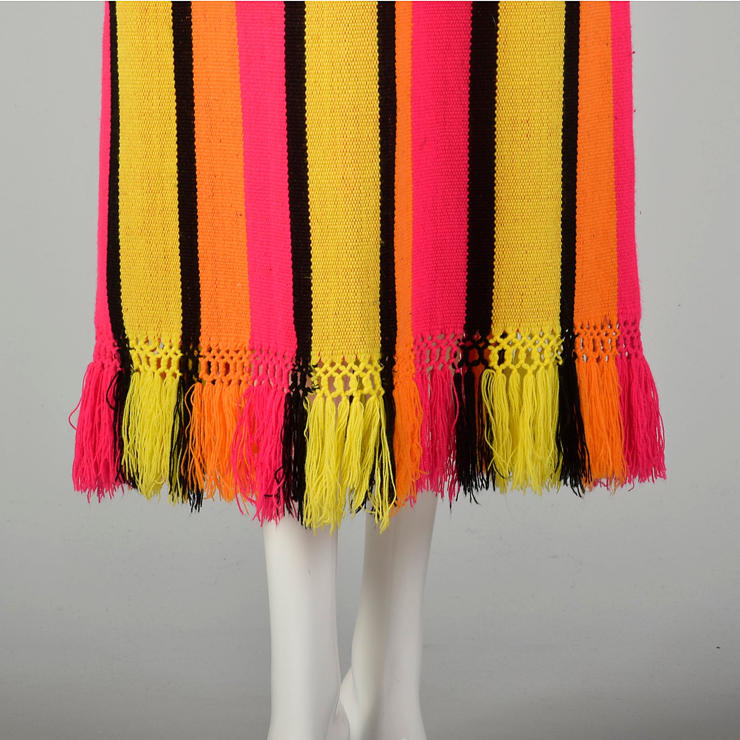 XXS 1970s Dress Long Sleeve Maxi Fringe Hem Hot Pink Bold Stripes