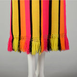 XXS 1970s Dress Long Sleeve Maxi Fringe Hem Hot Pink Bold Stripes