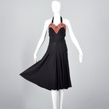 1930s Black Halter Dress with Pink Velvet Neckline