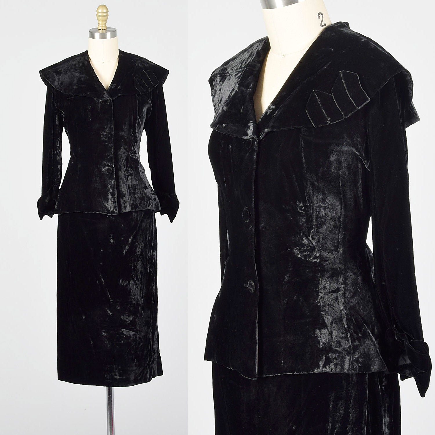 1950s Black Crushed Velvet Skirt Suit