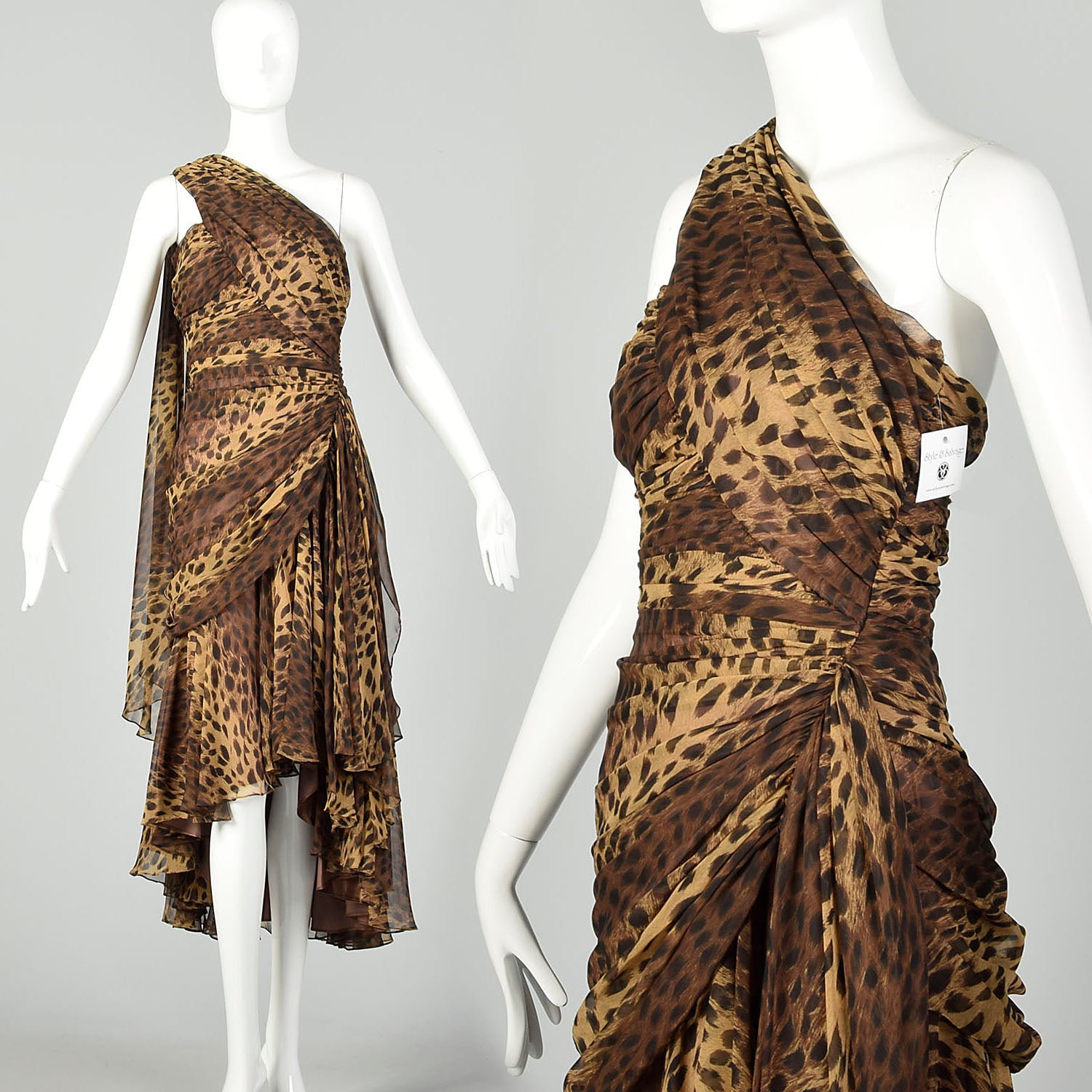 Small 1990s Tadashi Animal Print Dress Brown One Shoulder Asymmetric Hem