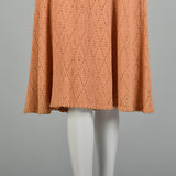 Medium 1970s Long Sleeve Peach  Knit Dress Scalloped Hem Ruffled Collar Cuffs