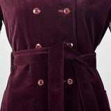 XS 1970s Coat Burgundy Plum Velvet Double Breasted Winter Belted Trench Coat