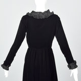 1970s Yves Saint Laurent Rive Gauche Black Velvet Dress with Ruffle Trim