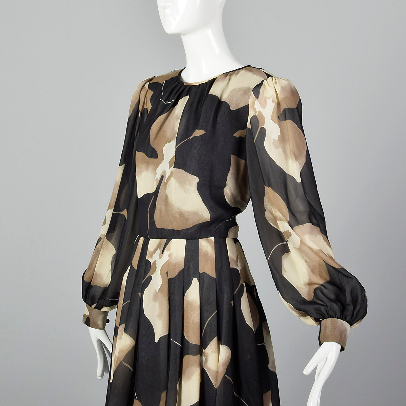 1980s Michael Novarese Tan Abstract Print Dress