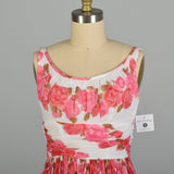 XXS 1950s Sleeveless Flowy Pink Novelty Rose Print Cotton Summer Day Dress