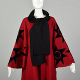 OSFM 1980s Osgood Smuk Red Wool Swing Cloak Leather Appliqué