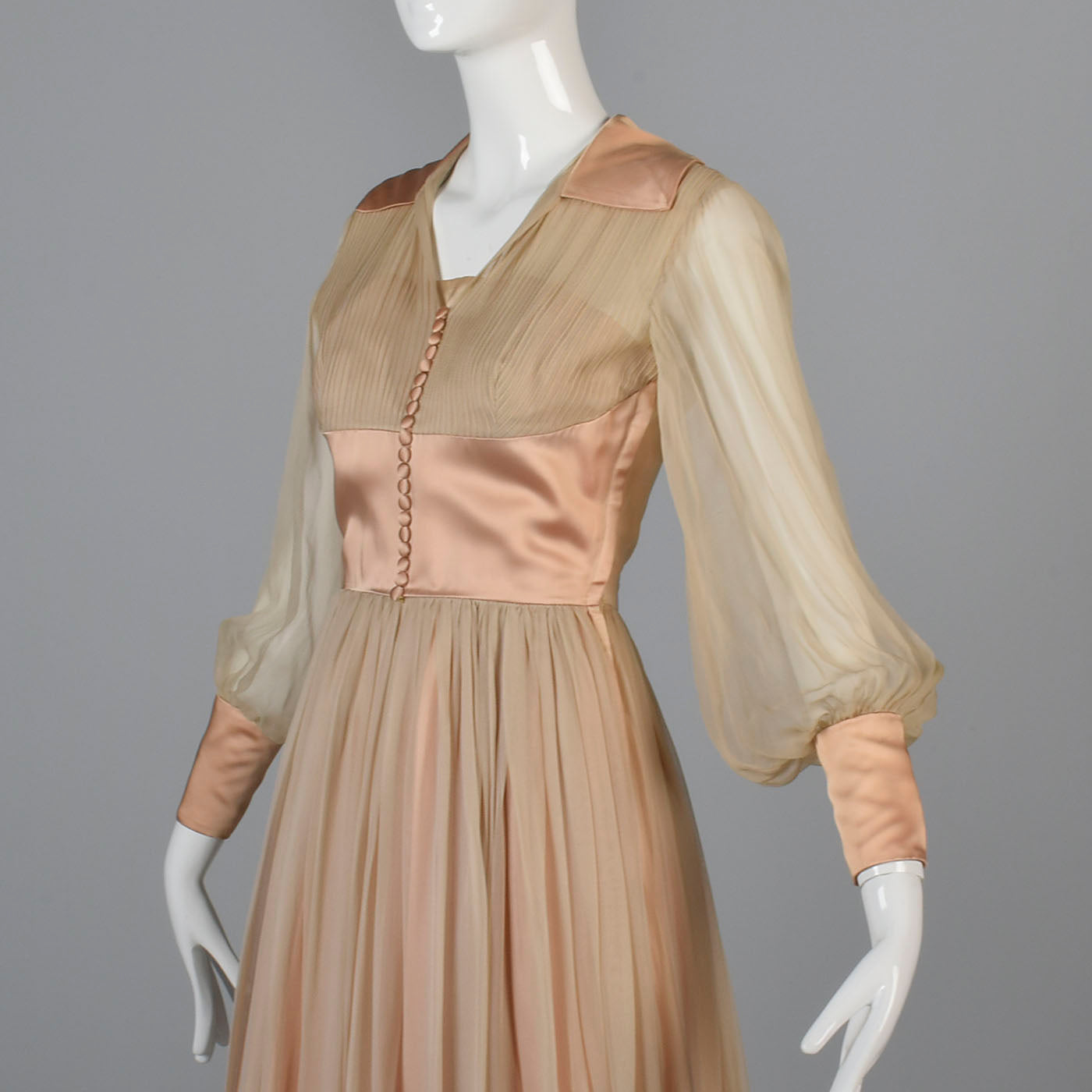 1950s Nude Silk Chiffon Dress with Bishop Sleeves