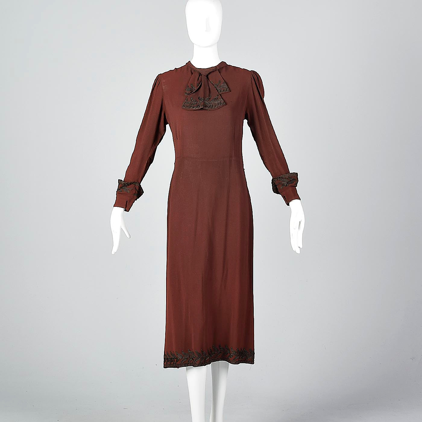 1930s Kathryn Vrooman Winter Day Dress with Funnel Cuffs & Soutache Trim