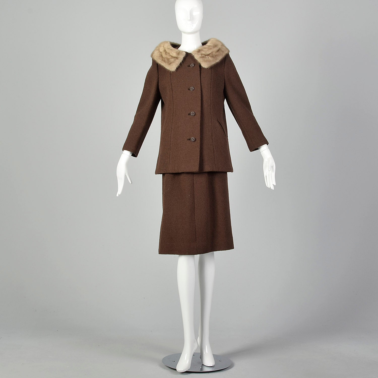 Small 1960s Brown Tweed Skirt Suit with Mink Collar