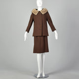 Small 1960s Brown Tweed Skirt Suit with Mink Collar
