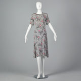 1940s Novelty Print Rayon Dress Gray Swirl with Birds