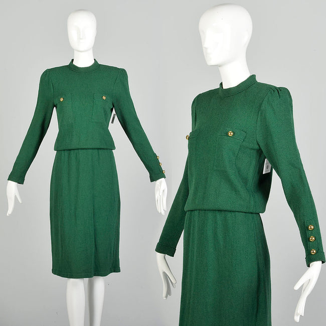 Small 1980s Adolfo Holiday Green Knit Long Sleeve Winter Sweater Dress