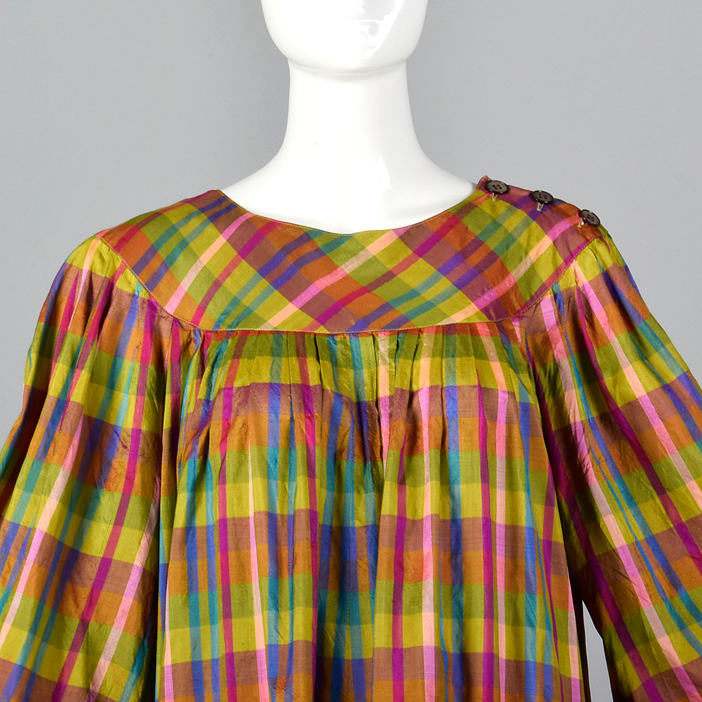 1970s Lanvin Lightweight Silk Dress in Rainbow Plaid with Huge Balloon Sleeves