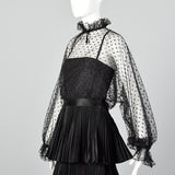 1970s Richilene Black Pleated Maxi Dress with Mesh Top